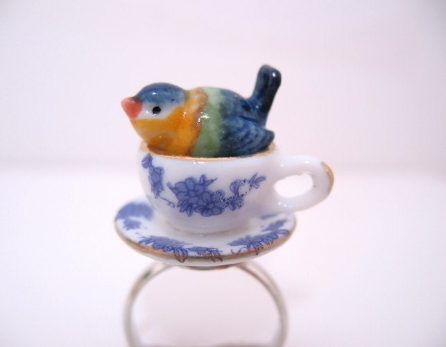 Bluebird In The Teacup Adjustable Ring