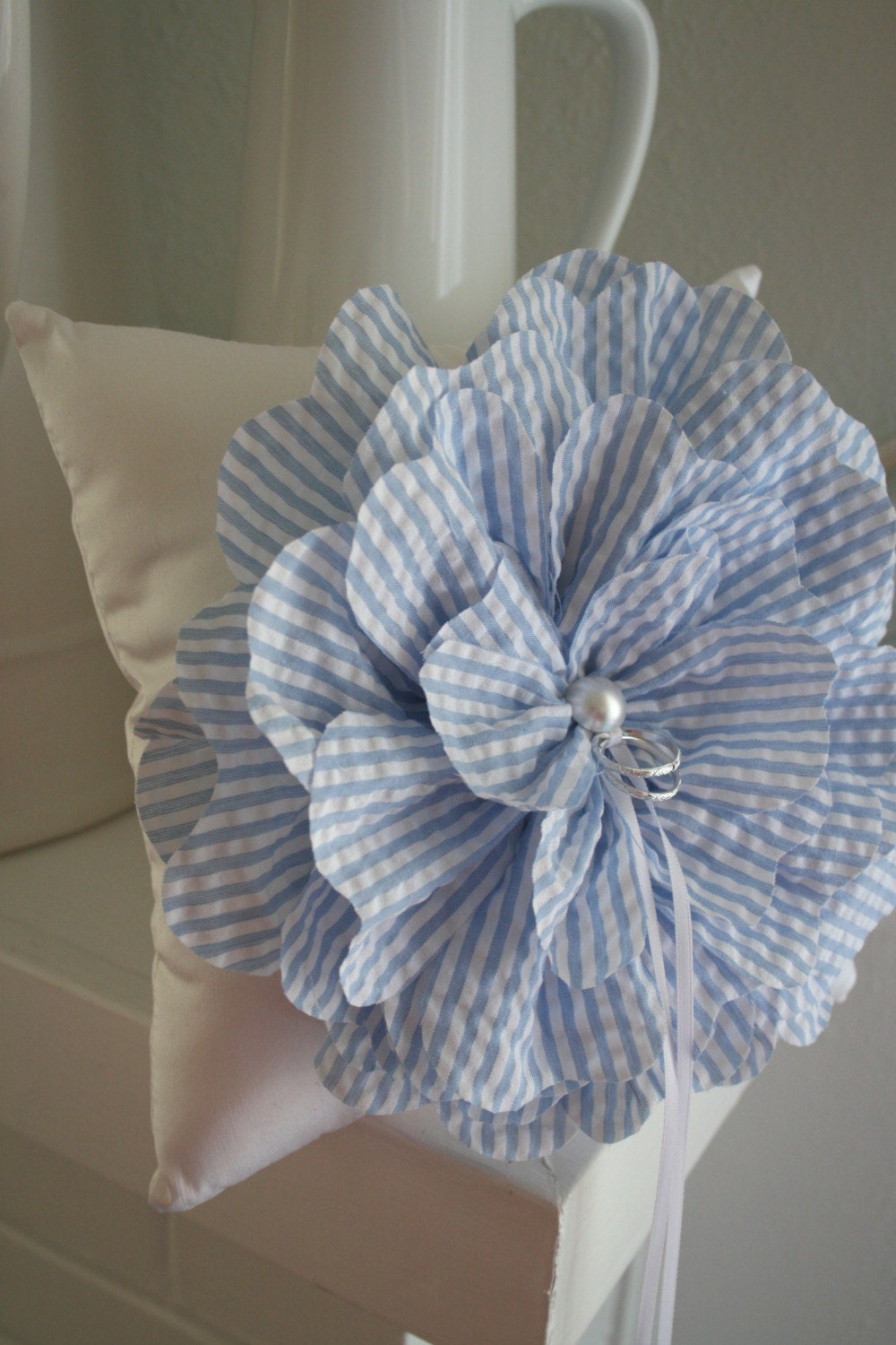 Blue Seersucker Ring Bearer Flower Pillow