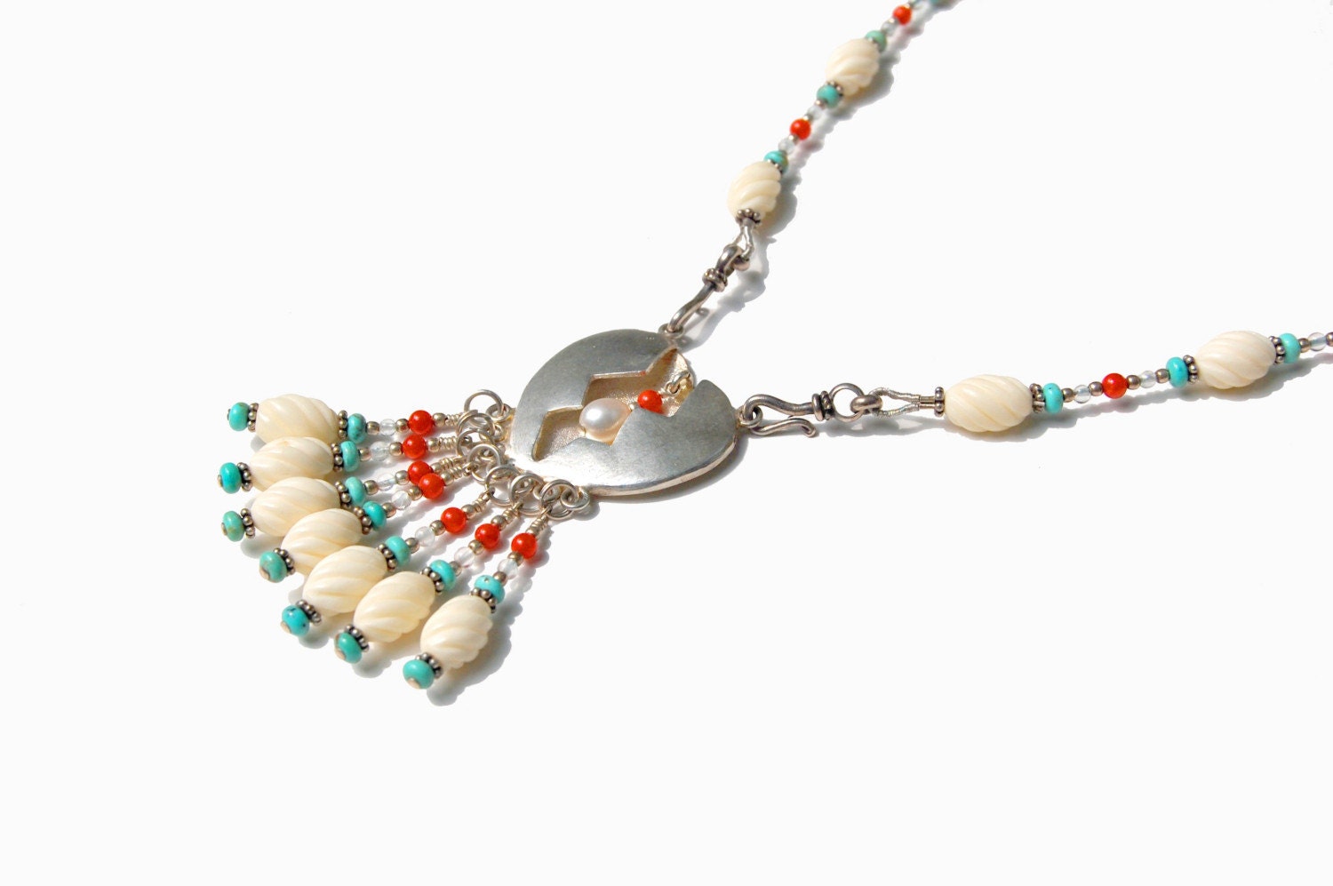 Sterling Casted Hollowform Broken Heart Necklace with Turquoise, Bone, Coral, and Aquamarine