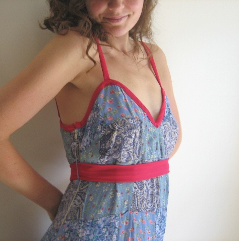 country girl light blue and watermelon red poly sundress medium to large