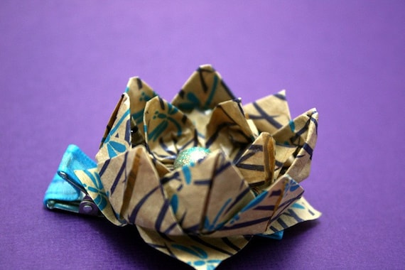 Dragonfly Origami Lotus Hair Clip - Blue Beige Clay Glitter Flower