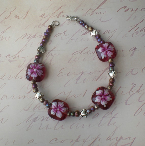 Hearts and Flowers bracelet - Rose Pink