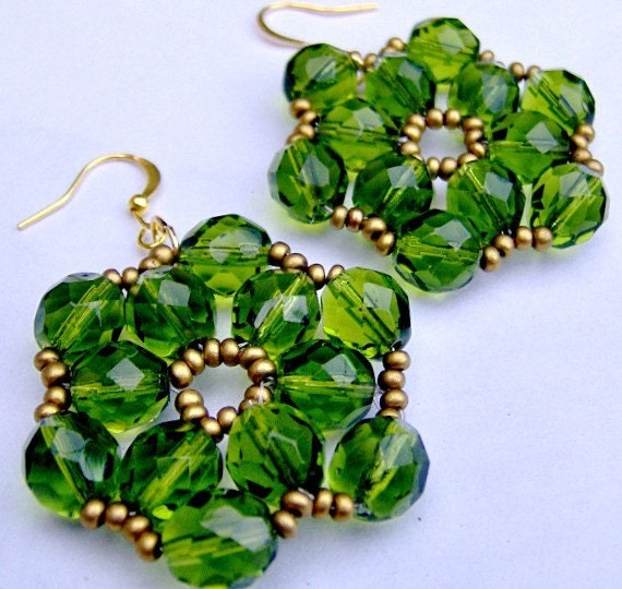 Green Crystal Earrings Bohemia on etsy, Olive Green Crystals, Green and Gold Earrings, Festive Party Earrings, Bright and Bold