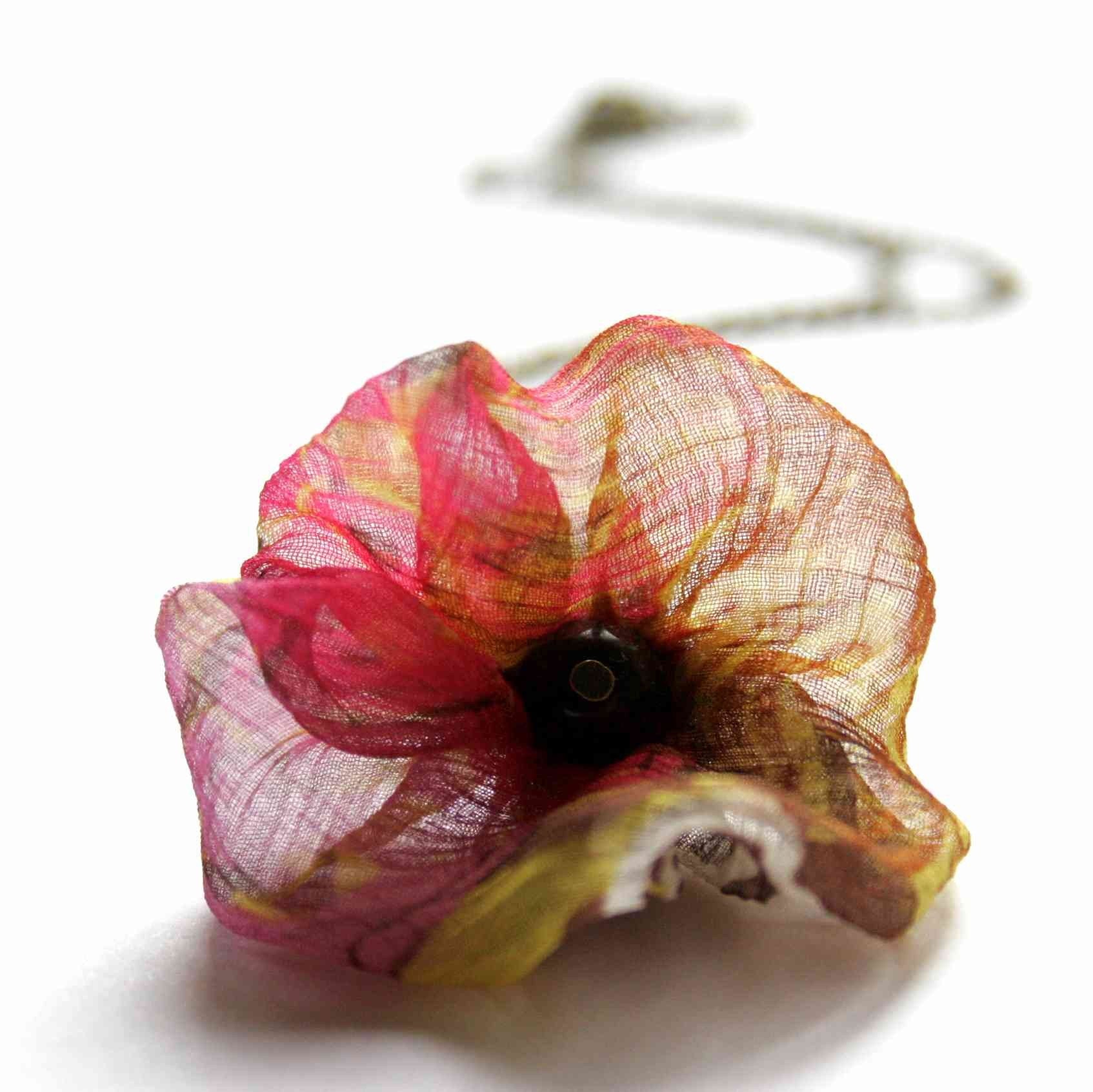 Melon and
                                    Raspberry - necklace with poppy flower  on brass chain