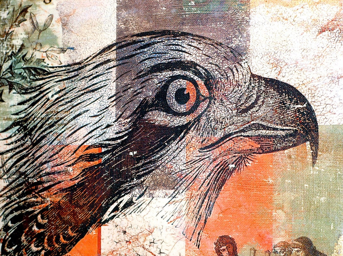EAGLE EYE - MIXED MEDIA ART ON WOOD PANEL - SIZE 10 INCHES X 10 INCHES - recycled  wood panel - PAINTING ,ACRYLICS,GOLD LEAFING AND silkscreen - One of a Kind Art