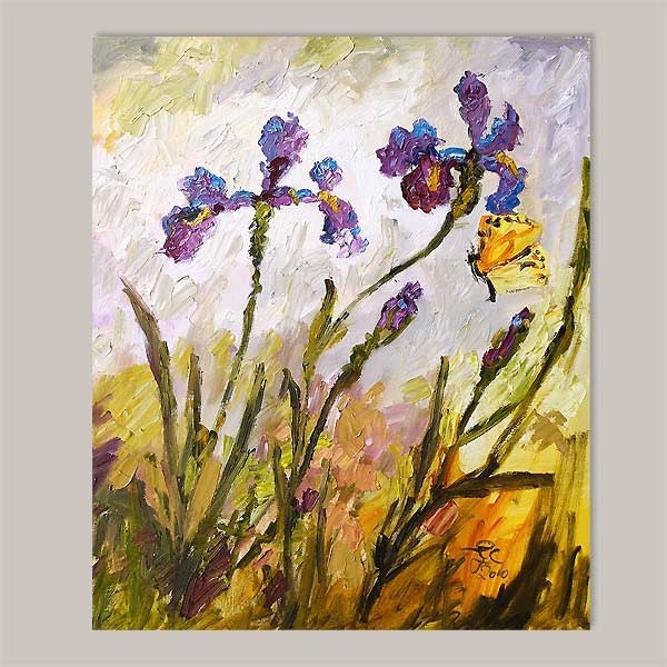 Blue Irises and Butterfly -  Impressionist Original Oil Pianting by Ginette Callaway