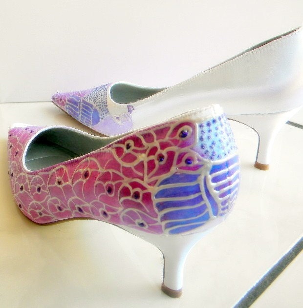 Wedding Shoes,bridal painted albino peacocks PURPLE FEATHER