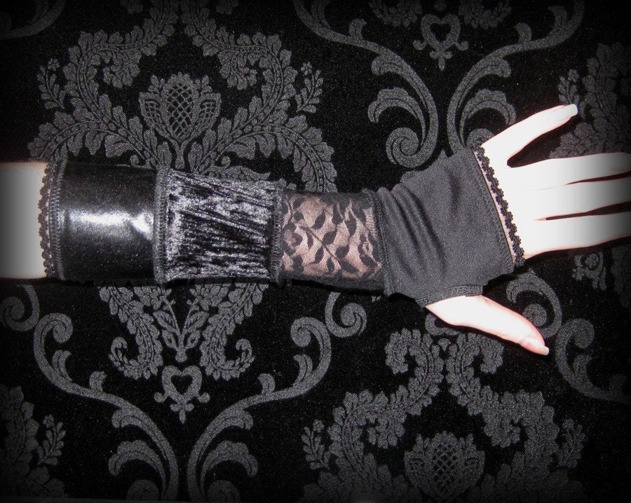Black Lace velvet, and shiny pvc Arm Warmers gloves with thumbhole