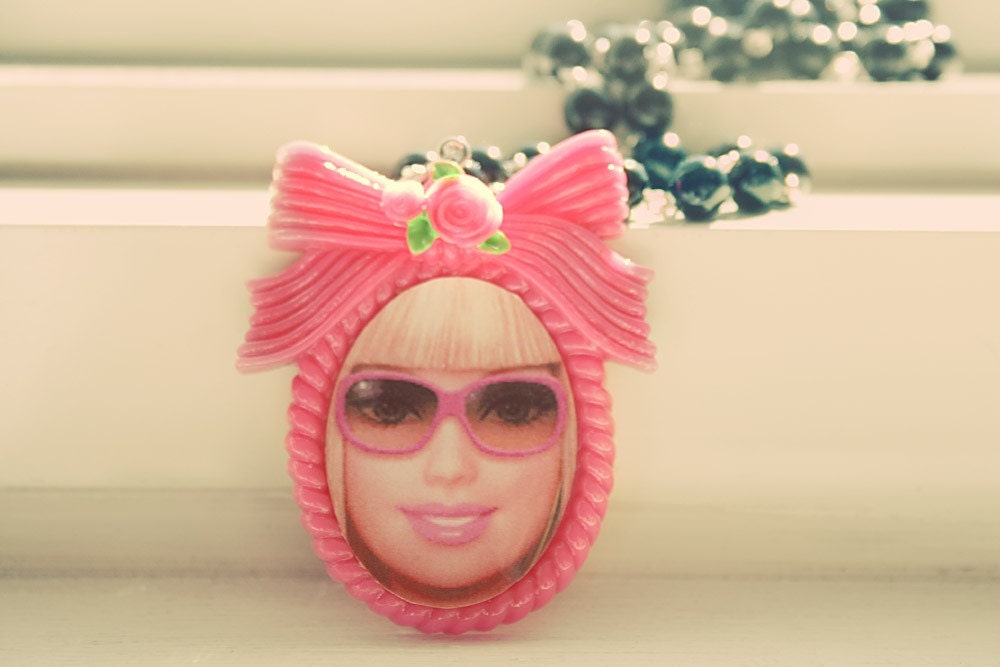 Barbie with hot pink sunglasses necklace