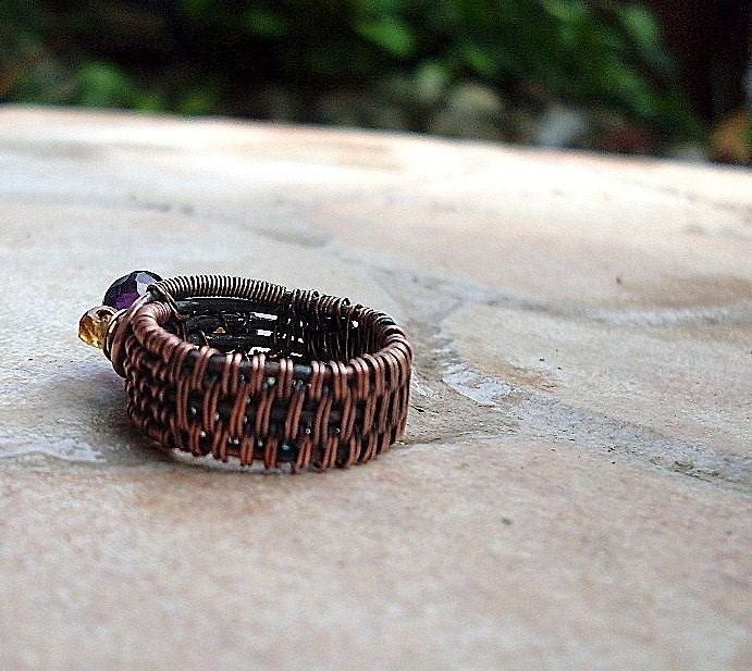 Amethyst Woven Ring in Copper with Citrine