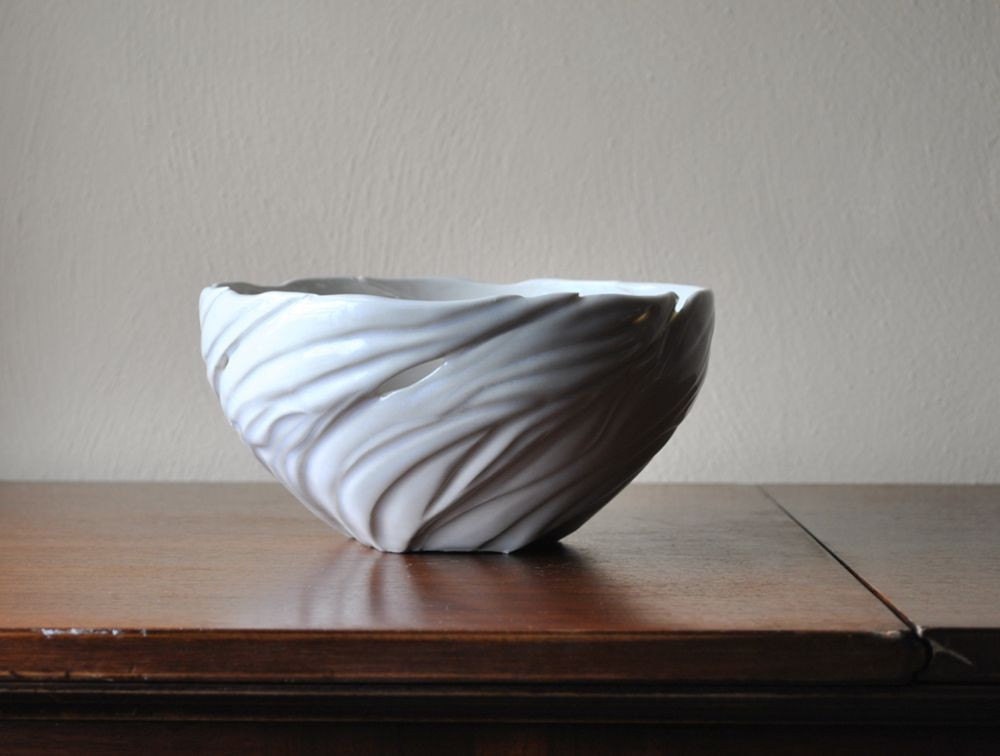 Large Winter White Porcelain Carved Organic Centerpiece Bowl