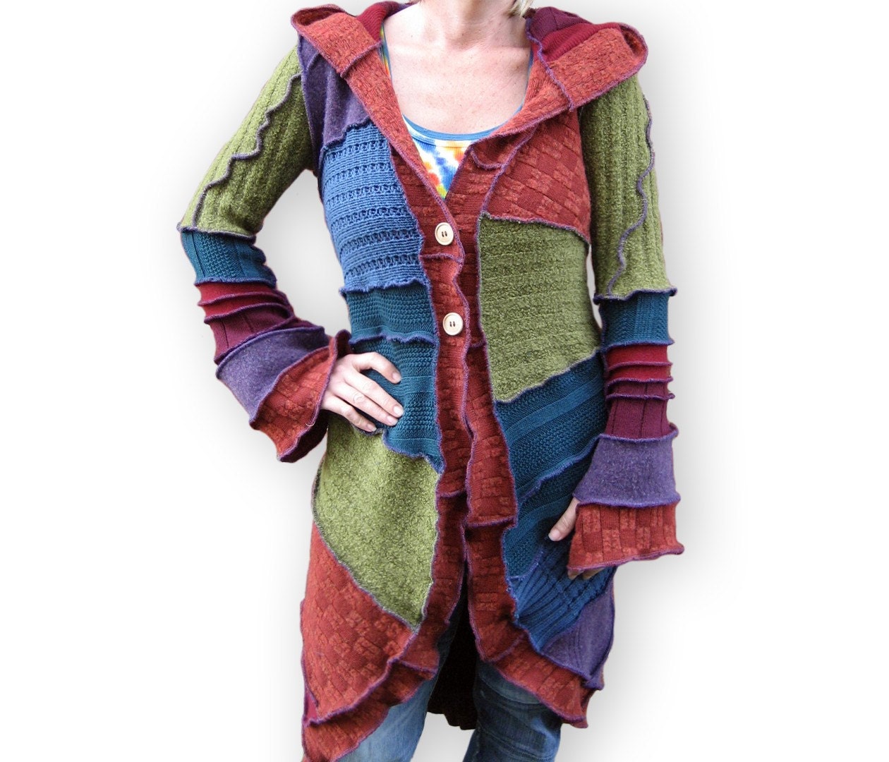 RESERVED FOR SANDYCOPE - Earthy Rainbow and Peace - S/M - Pinwheel Long Cardi Creation - Made from Recycled Sweaters