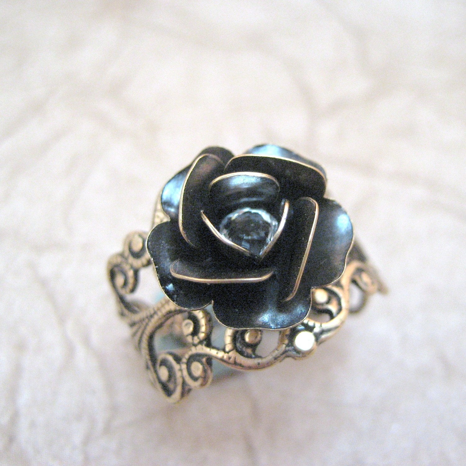 Steampunk Rose Ring - Neo Victorian Gold Tone Filigree Jewelry - Handmade and Designed by A Second Time