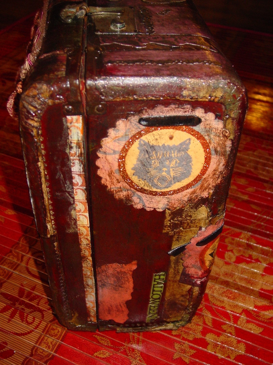 Trick or Tweet GOTHIC  recycled vintage suitcase from the 1940s  USE TO STORE your Halloween costume or as prop