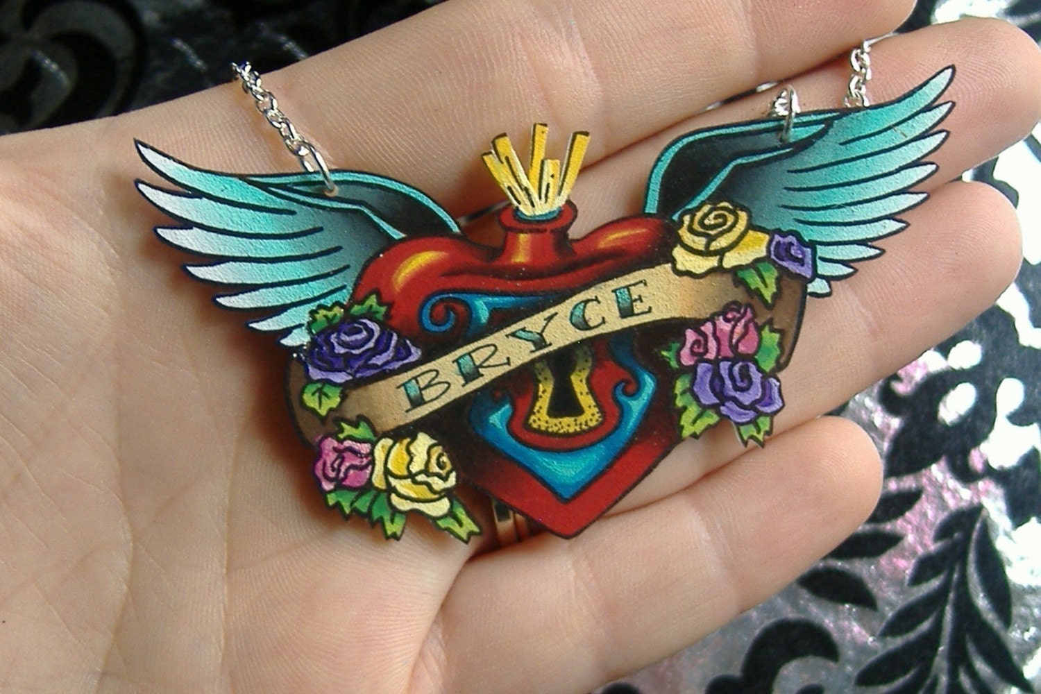 Old School Style Tattoo Necklace with Sacred Heart and Wings