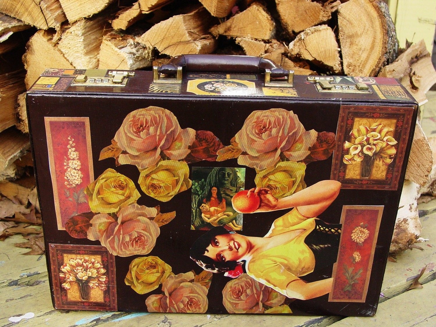 Frieda Kahlo vintage leather briefcase by recycled artist C. Reinke