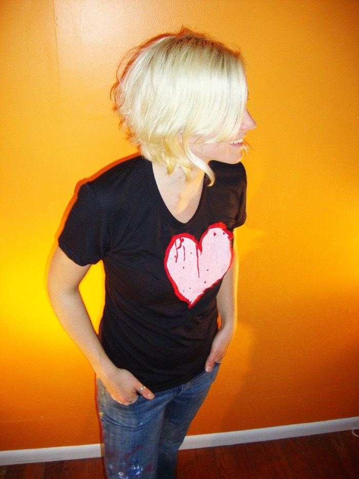 Soft Black Tshirt with hand screenprinted Red Heart Applique