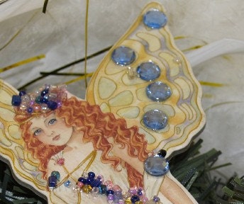 Mermaid With Fairy Wings Blue Crystals Glass Beads Pin
