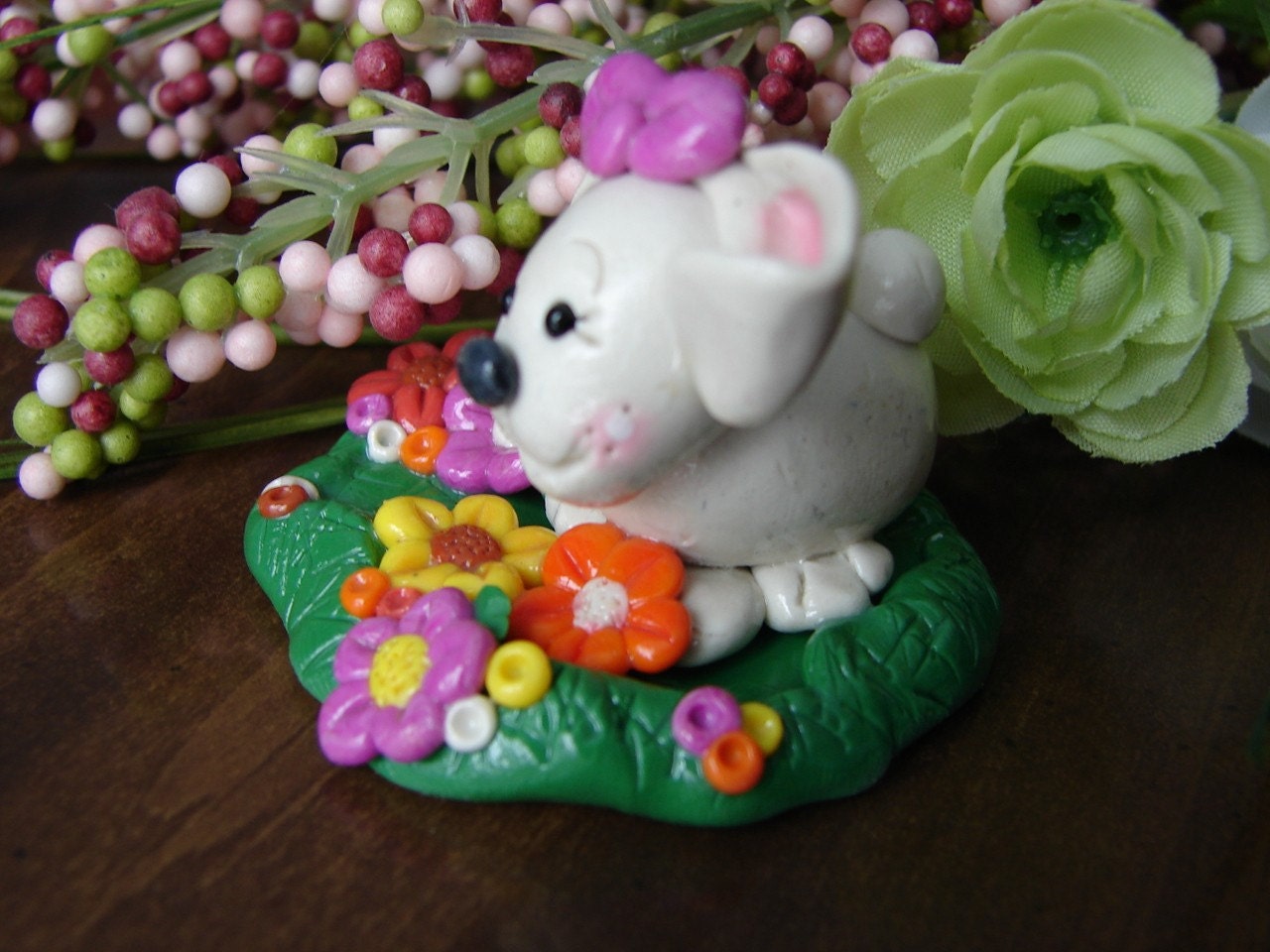 BUNNY RABBIT with FLOWERS Whimsical Polymer Clay Spring Figurine