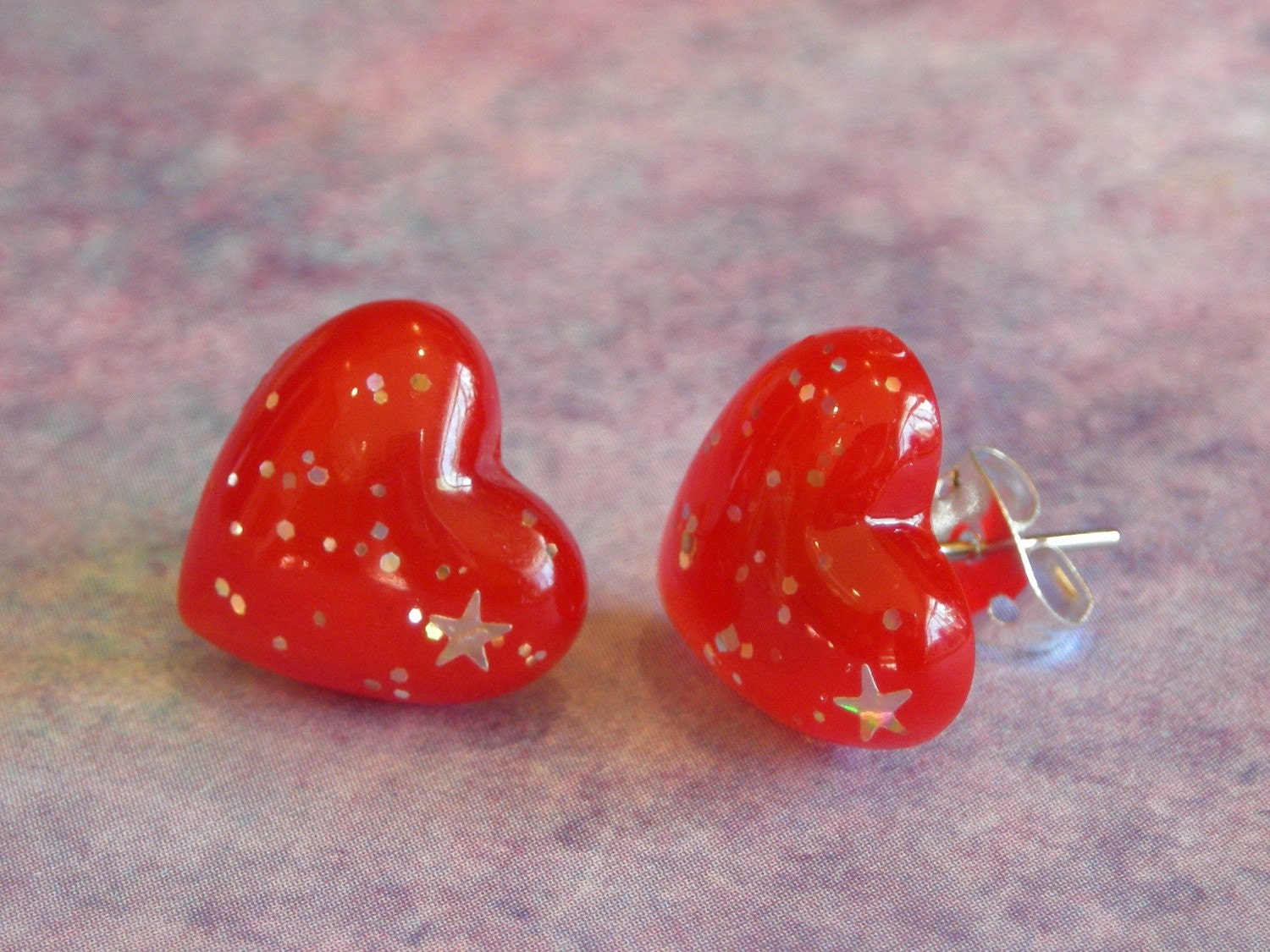 Red glitter heart valentines earrings 13mm