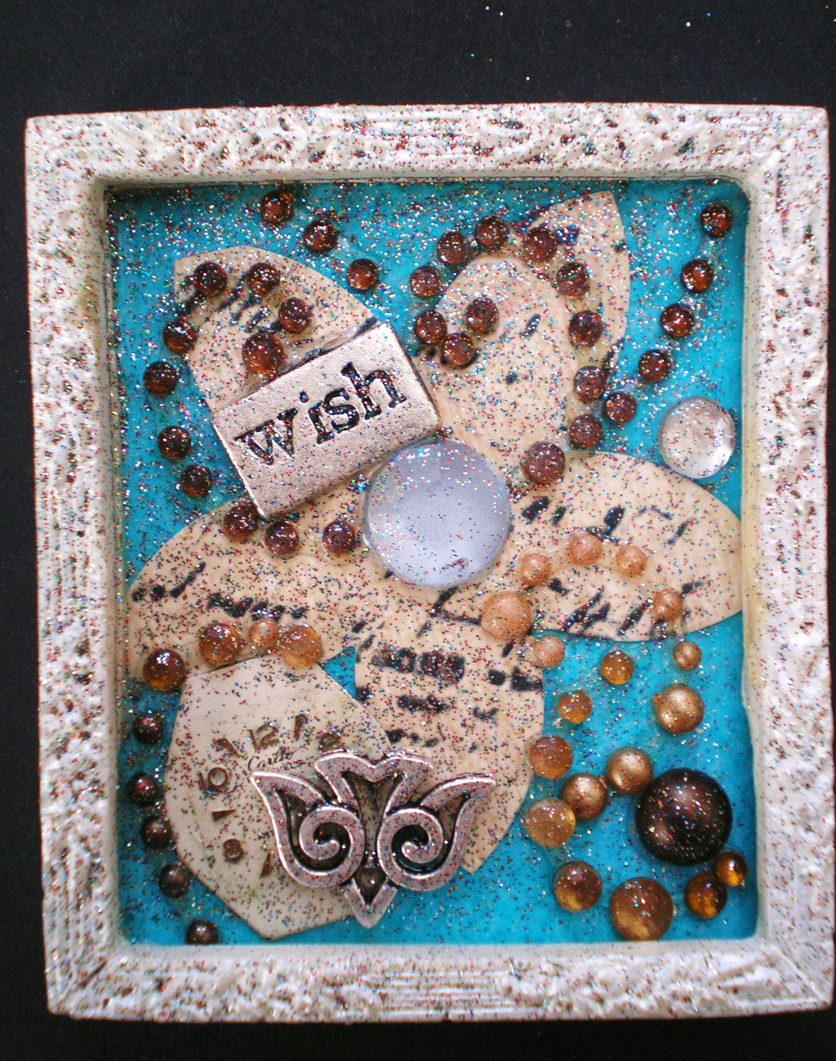 WISH  - Tiny Collage Mixed Media OOAK Framed Signed with Beads Silver Bird Charm Watch Parts
