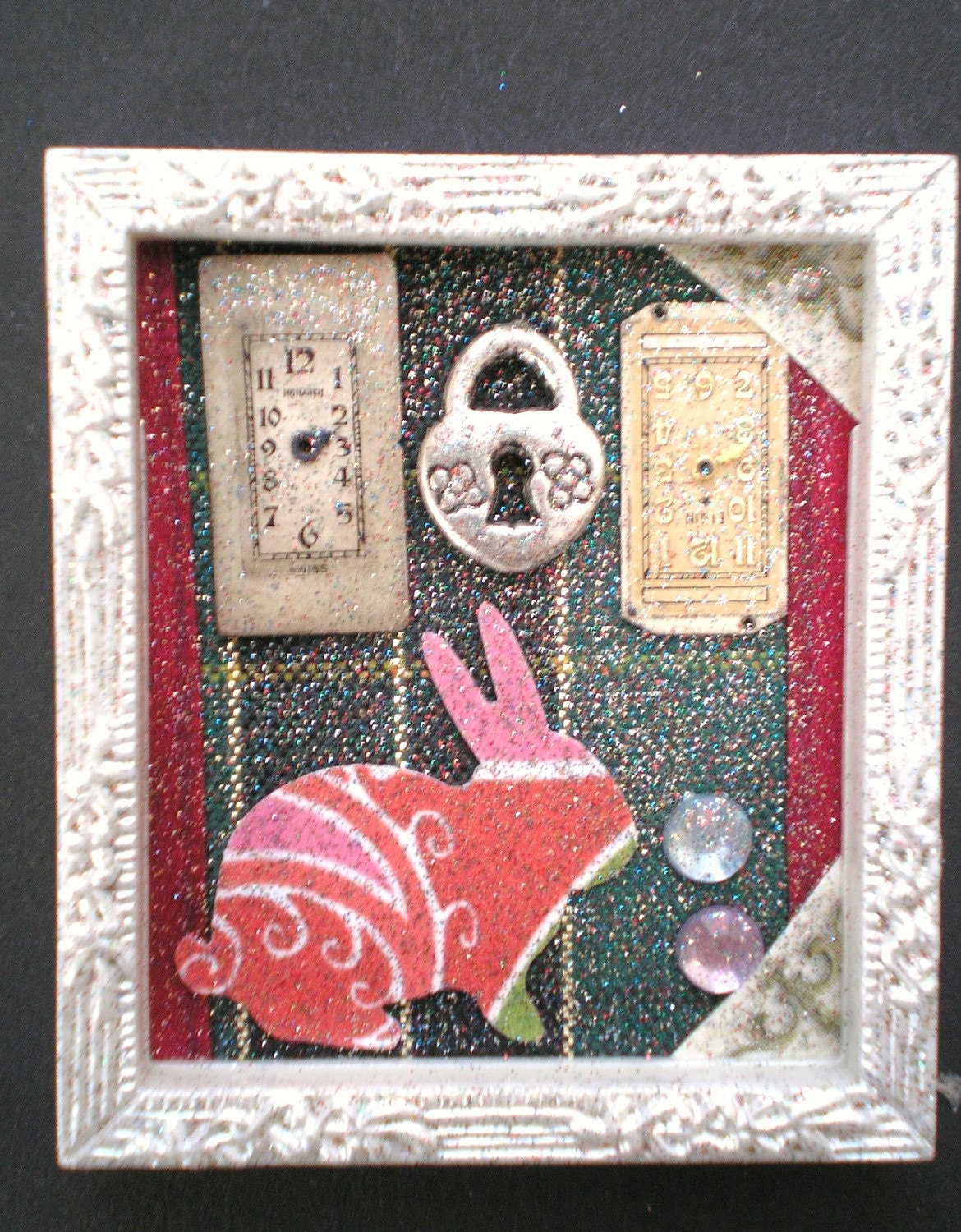 Don't Ask ALICE - Tiny Collage Mixed Media OOAK Framed Signed with Jewels Rabbit Ribbon Watch Parts
