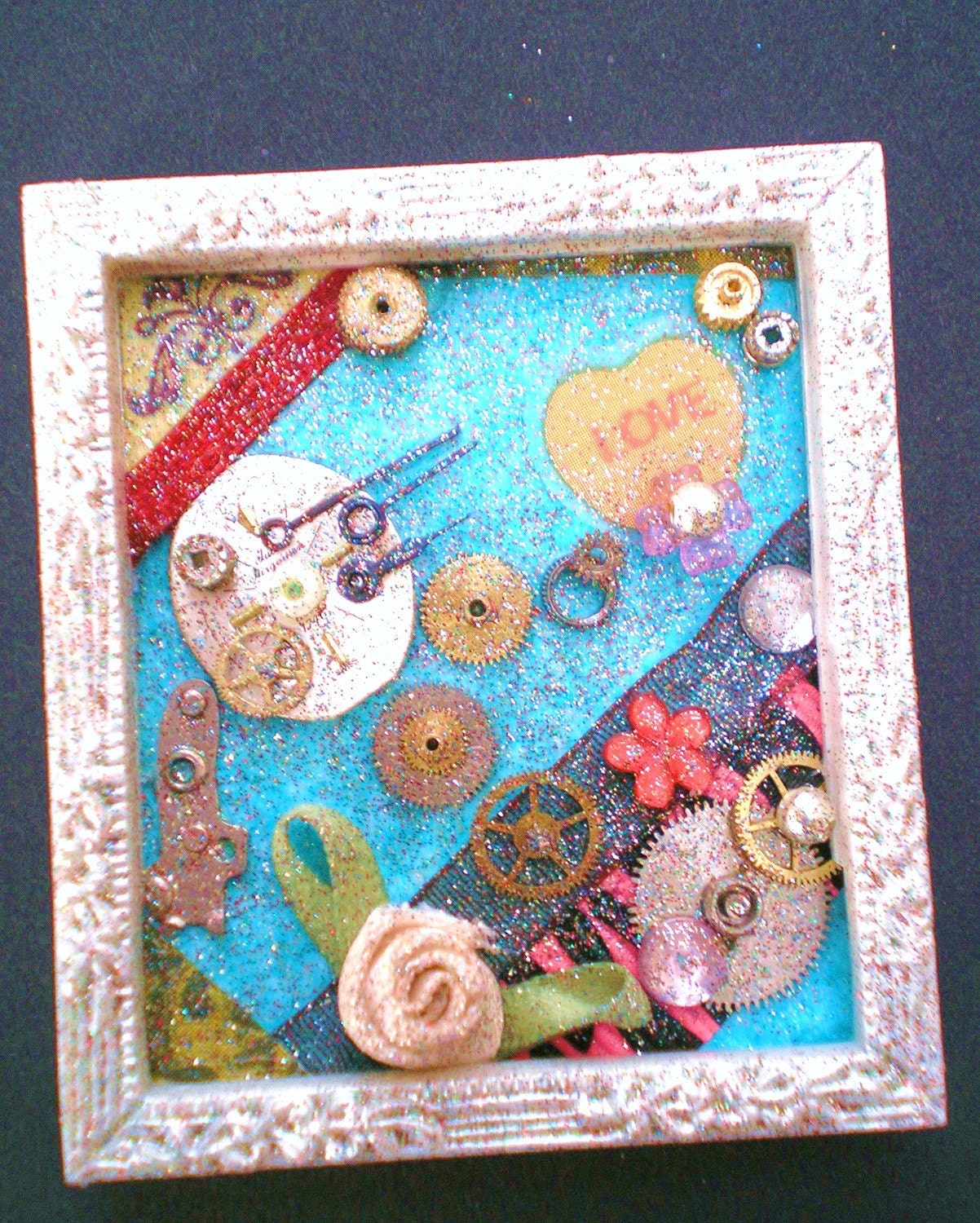 No Other Thought - Tiny Collage Mixed Media OOAK Framed Signed with Jewels Satin Flower Heart Ribbon Watch Parts