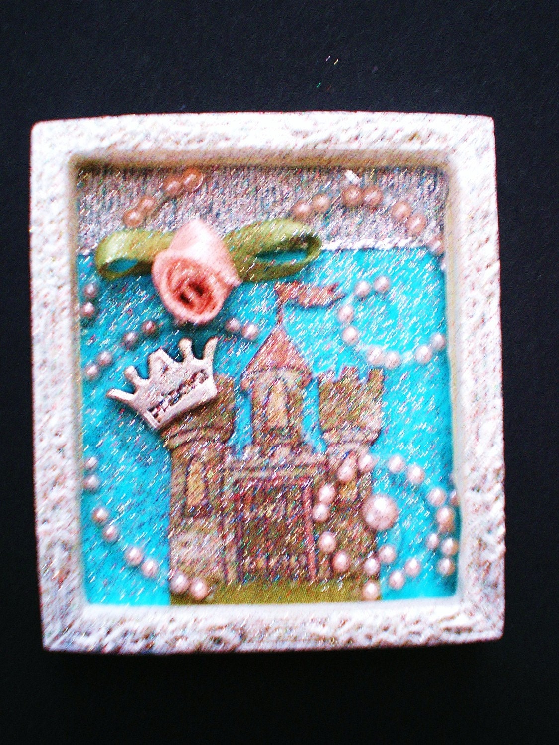 FAIRY TALE  - Tiny Collage Mixed Media OOAK Framed Signed with Pink Pearly Beads Silver Ribbon Princess Charm Satin Flower Castle