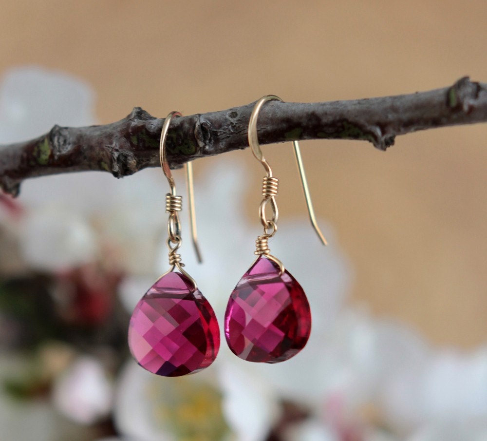 Gold filled Earrings with Ruby Pink Drop Shaped Swarovski crystal