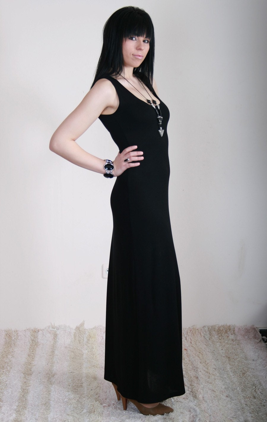 SARA Simple black long dress feminine comfortable elegant