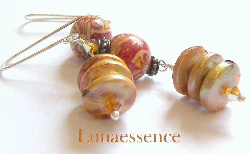 Red Wooden Golden Coin Pearl Stacked Earrings