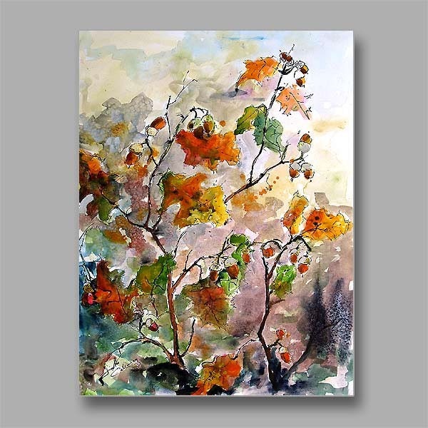 REDUCED The Splendor of Fall - Acorns - Original Watercolor and Ink by Ginette Callaway