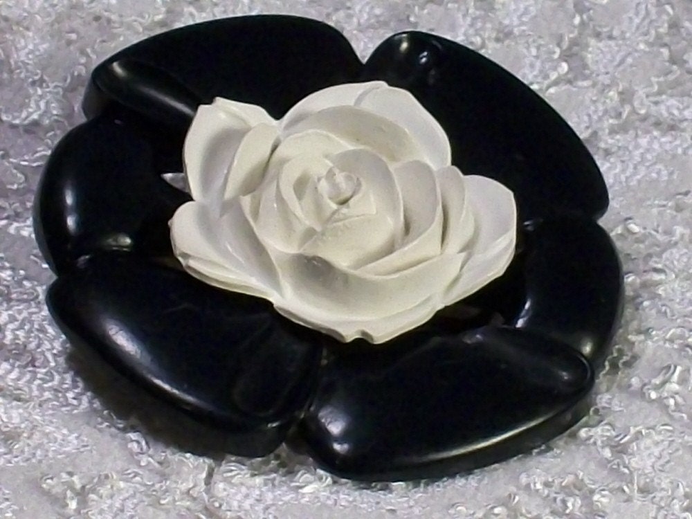 Vintage Rose Brooch, Black and White, Celluloid, 1940s, Wedding, Mother's Day Gift,