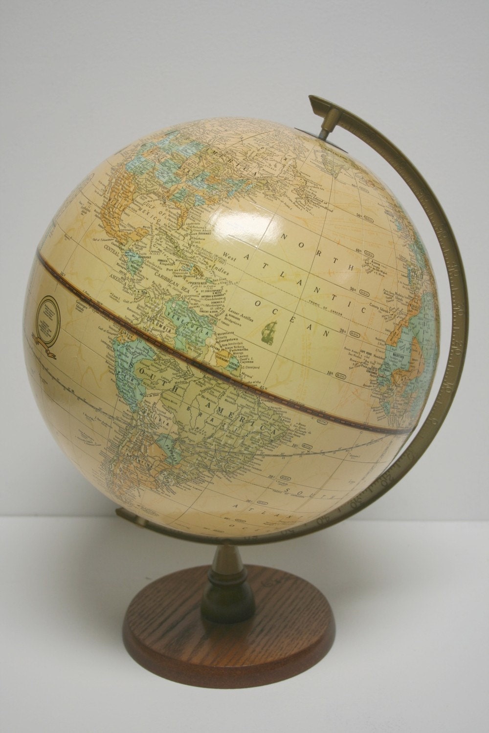 Vintage Raised Relief Wood and Metal World Globe