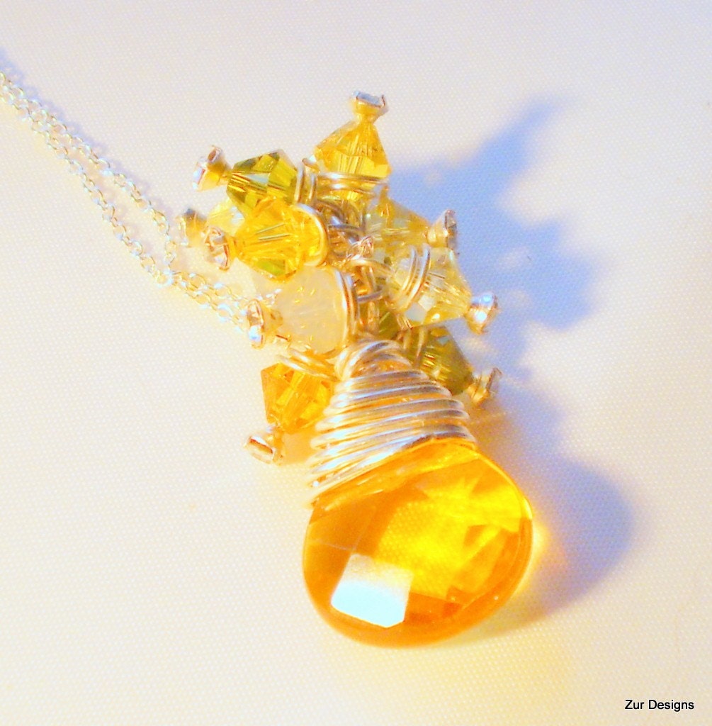 Bright Sun Shining Day Faceted Teardrop Wire Wrapped Necklace
