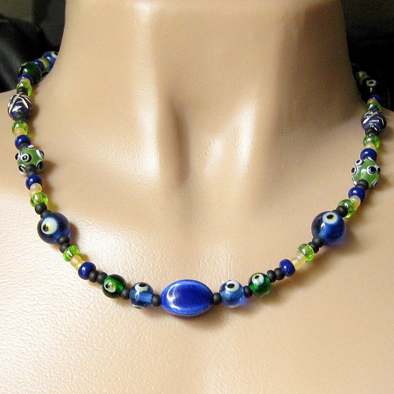 Evil Eye Norse Necklace Strand in Blue and Green (22-inches) - Historical Reenactment Jewelry