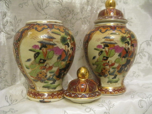 Set of 2 Royal Satsuma Hand Painted Lidded Vases