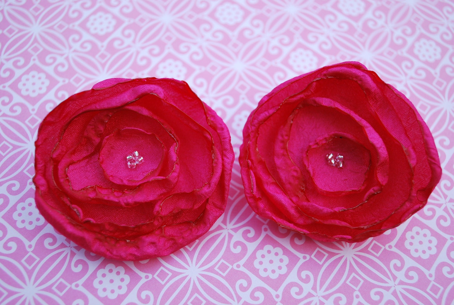 2 Bright Pink Fabric Flower Accessory Clips for Shoes, Purses, Clothes and More