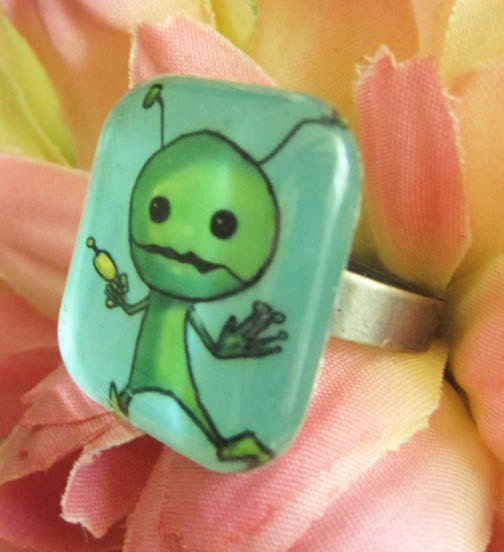 Cute Alien Bug Spaceman with Raygun Blue adjustable Ring