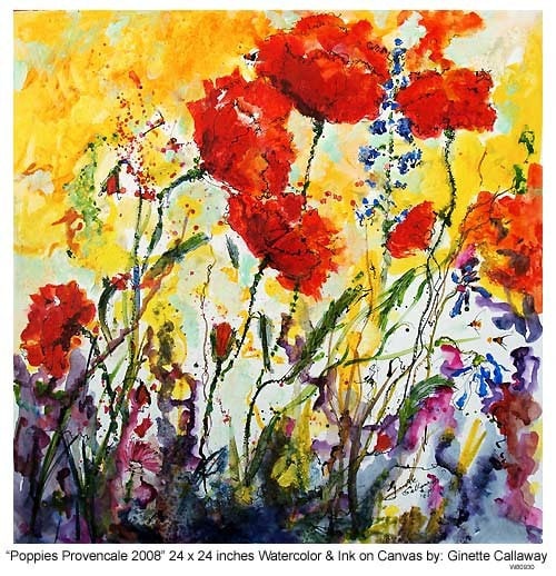 REDUCED - Poppies Provencale 2008 Watercolor and Ink by Ginette Callaway