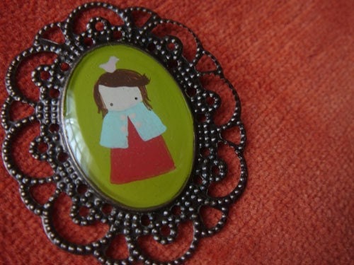 Girl and Bird Cameo - hand painted