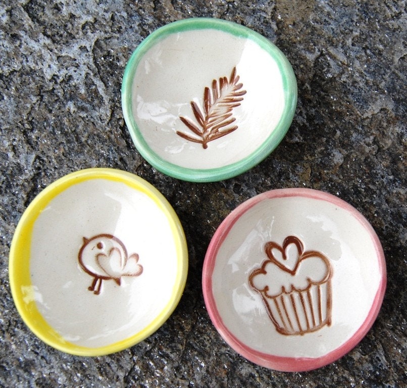 Lil  Mini Dishes - set of three, bird, fern and cupcake