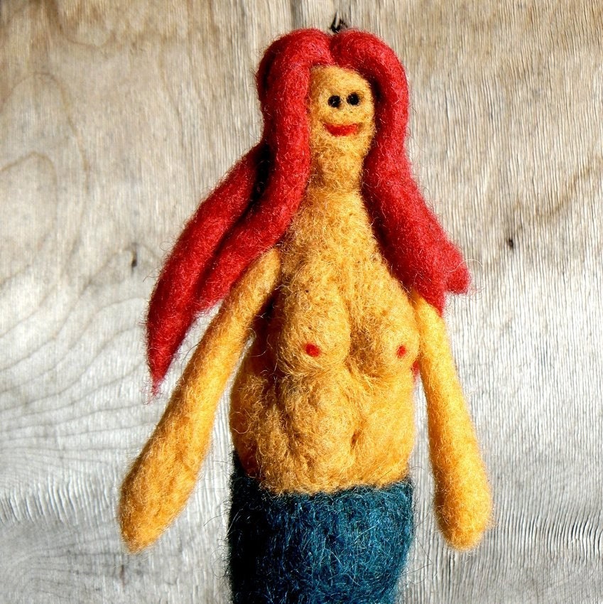 felt mermaid with red hair and poison green tail