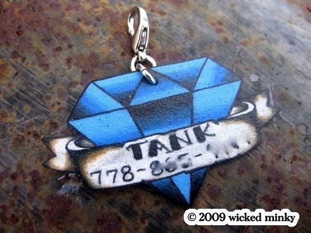 custom tattoo diamond pet tag with banner (for cat, dog, bag, necklace)