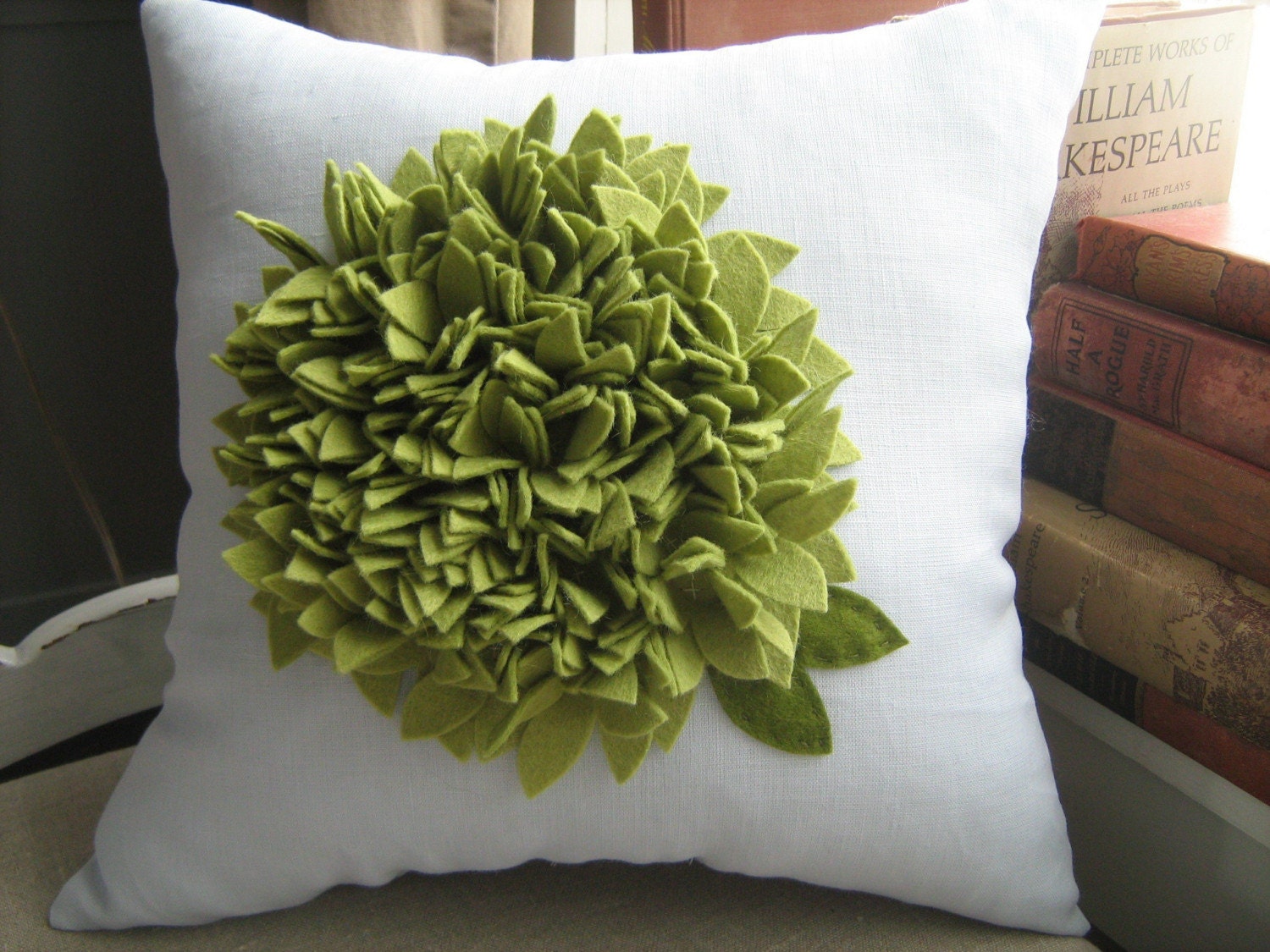 Green Hydrangea Bloom Pillow on Dusty Blue Linen