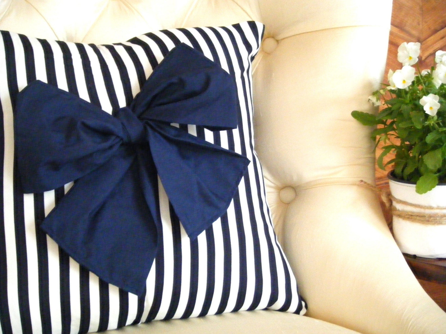 Preppy Love Cushion - Navy blue and white striped cushion with large navy blue bow
