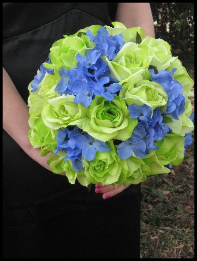 Lime Green Rose Blue Hydrangea Silk Bridal Bouquet