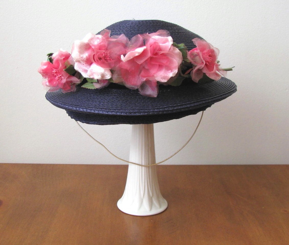 Vintage Blue Straw and Pink Rose Hat
