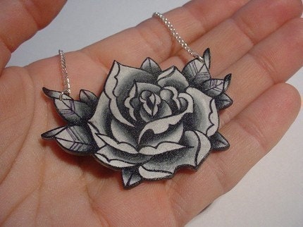 big vintage black and white surreal tattoo rose necklace. From wickedminky
