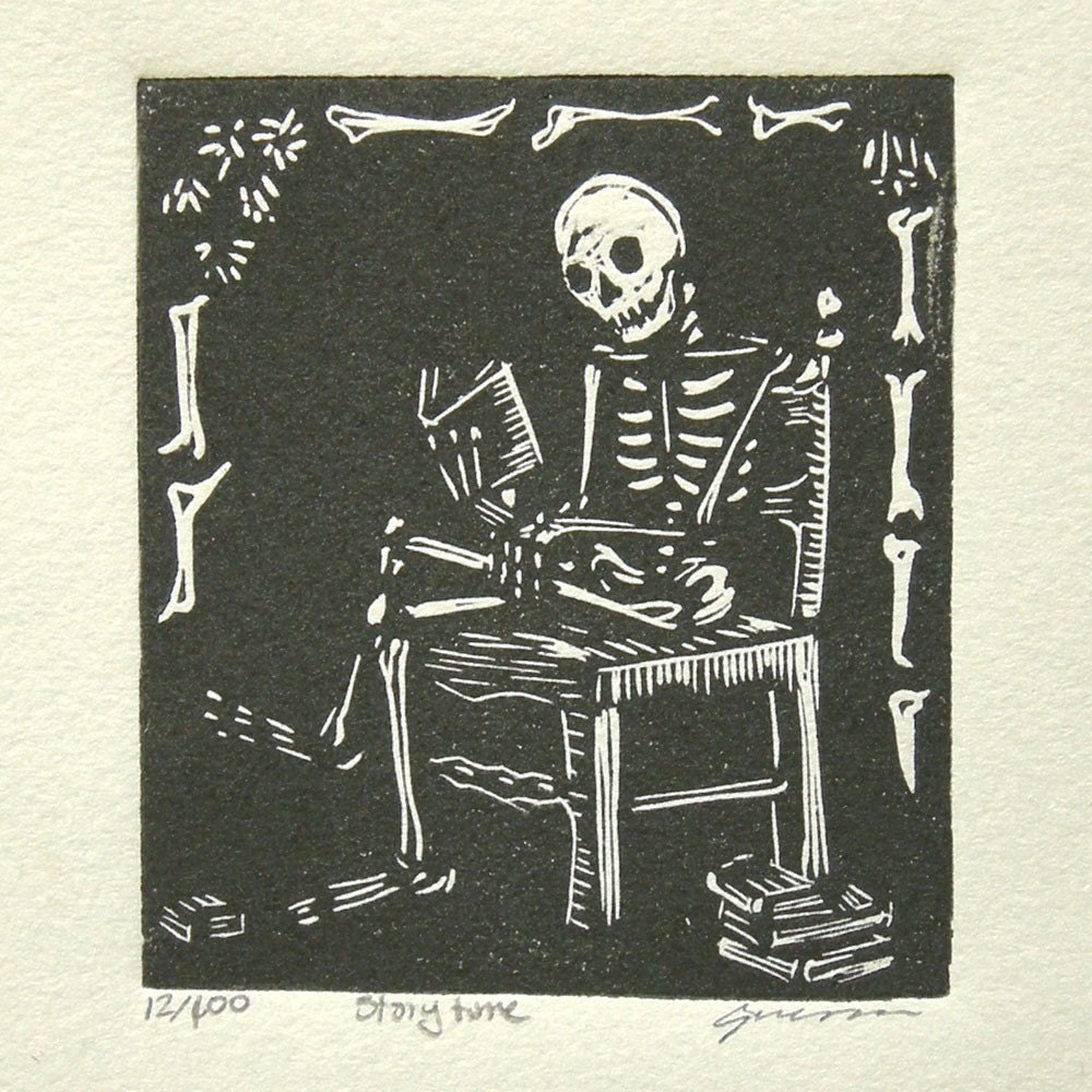 Storytime Skeleton Block Print by Redhydrant